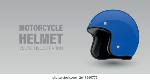 Vector 3D Realistic Blue Classic Vintage Open-Face Motorbike Helmet. Glossy Motorcycle Helmet Design Template for Mockup. Side View. Motorcycle Helmet Icon, Closeup, Isolated