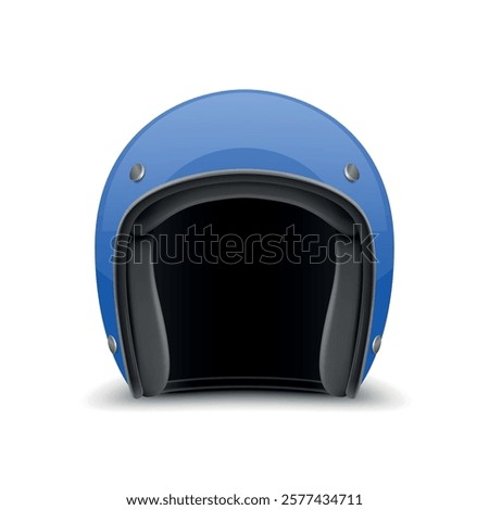 Vector 3D Realistic Blue Classic Vintage Open-Face Motorbike Helmet. Glossy Motorcycle Helmet Design Template for Mockup. Front View. Motorcycle Helmet Icon, Closeup, Isolated