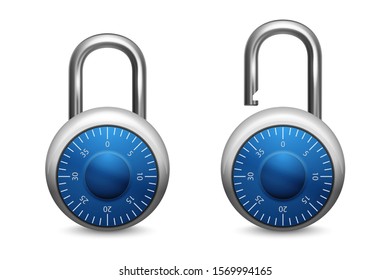 Vector 3d Realistic Blue Closed, Opened Metal Steel Chrome Padlock Icon Set Closeup Isolated on White Background. Design Template of Lock for Protection Privacy Concept, Web and Mobile Apps, Logo
