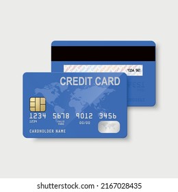 Vector 3d Realistic Blue Credit Card with World Map Isolated. Design Template of Plastic Credit or Debit Card for Mockup, Branding. Credit Card Payment Concept. Front and Back View
