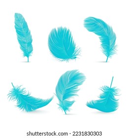 Vector 3d Realistic Blue Fluffy Feather Set Isolated on White Background. Design Template of Flamingo, Angel, Bird Detailed Feathers. Lightness,Freedom Concept