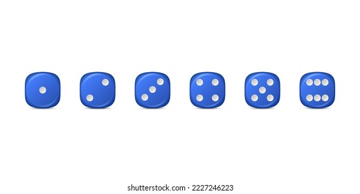 Vector 3d Realista Juego Azul De Dice Icono Cerrado Aislado. Cubos de juego para juegos de azar, casinos de uno a seis puntos, bordes redondos