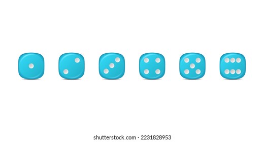 Vector 3d Realistic Blue Game Dice Icon Set Closeup Isolated. Game Cubes for Gambling, Casino Dices From One to Six Dots, Round Edges