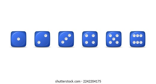 Vector 3d Realistic Blue Game Dice Icon Set Closeup Isolated. Game Cubes for Gambling, Casino Dices From One to Six Dots, Round Edges