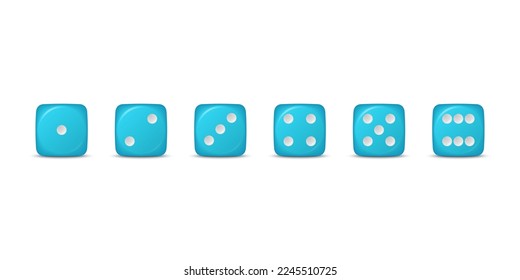 Vector 3d Realistic Blue Game Dice Icon Set Closeup Isolated. Game Cubes for Gambling, Casino Dices From One to Six Dots, Round Edges