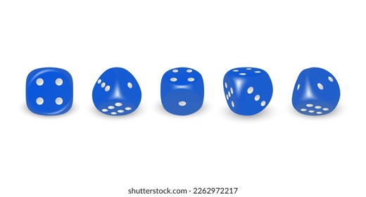Vector 3d Realistic Blue Game Dice with White Dots Icon Set Closeup Isolated on White Background. Game Cubes for Gambling in Different Positions, Casino Dices, Round Edges