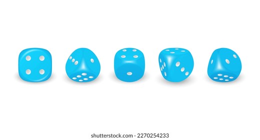 Vector 3d Realistic Blue Game Dice with Black Dots Icon Set Closeup Isolated on White Background. Game Cubes for Gambling in Different Positions, Casino Dices, Round Edges