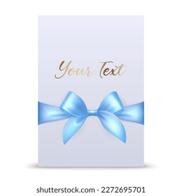 Vector 3d Realistic Blue Gift Ribbon and Bow with White Greeting Card Background. Bow Design Template, Concept for Birthday, Christmas Presents, Gifts, Invitation, Card, Gift Box. Holiday Decoration