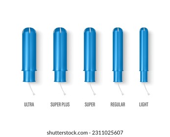 Vector 3d Realistic Blue Menstrual Hygiene Cutton Tampon with Applicator in Plastic Tube Icon Set Isolated in Different Sizes. Feminine Hygiene Design Template. Concept of Womens Health, Hygiene - Shutterstock ID 2311025607