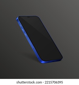 Vector 3d Realistic Blue Modern Smartphone Design Template with Black Screen. Mobile Phone Isolated. Telephone Device UI UX, Phone in Half Turn View