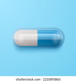 Vector 3d Píldora médica farmacéutica azul realista, cápsula, tableta de fondo azul. Arriba, Vista frontal. Listo. Copiar espacio. Medicina, concepto de salud masculina