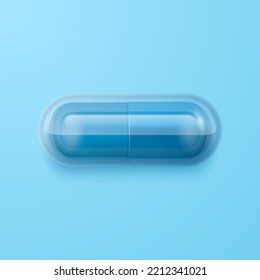 Vector 3d Realistic Blue Pharmaceutical Medical Pill, Capsule, Tablet on Blue Background. Top, Front View. Flat Lay. Copy Space. Medicine, Male Health Concept