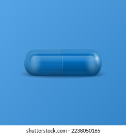 Vector 3d Realistic Blue Pharmaceutical Medical Pill, Capsule, Tablet on Blue Background. Front View. Copy Space. Medicine, Male Health Concept