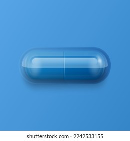 Vector 3d Realistic Blue Pharmaceutical Medical Pill, Capsule, Tablet on Blue Background. Front View. Copy Space. Medicine, Male Health Concept