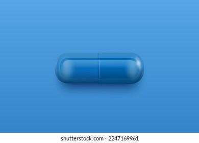 Vector 3d Realistic Blue Pharmaceutical Medical Pill, Capsule, Tablet Closeup Isolated on Blue Background. Front View. Copy Space. Medicine, Male Health Concept