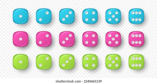 Vector 3d Realistic Blue, Pink, Green Game Dice Icon Set Closeup Isolated. Game Cubes for Gambling, Casino Dices From One to Six Dots, Round Edges