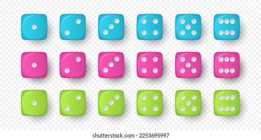 Vector 3d Realistic Blue, Pink and Green Game Dice Icon Set Closeup Isolated on White Background. Game Cubes for Gambling, Casino Dices From One to Six Dots, Round Edges