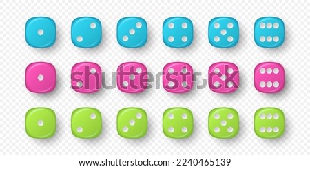 Vector 3d Realistic Blue, Pink, Green Game Dice Icon Set Closeup Isolated. Game Cubes for Gambling, Casino Dices From One to Six Dots, Round Edges