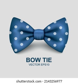 Vector 3d Realistic Blue Polka Dot Bow Tie Icon Closeup Isolated on White Background. Silk Glossy Bowtie, Tie Gentleman. Mockup, Design Template. Bow tie for Man. Mens Fashion, Fathers Day Holiday
