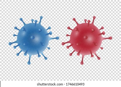 Vector 3d Bacterias Realistas del Coronavirus Azul y Rojo, Icono Celular Cerrado Aislado en Fondo Transparente. 2019-nCoV, Covid-2019, Covid-19. Infección y concepto peligroso. Plantilla de diseño