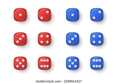 Vector 3d Realistic Blue and Red Game Dice Icon Set Closeup Isolated. Game Cubes for Gambling, Casino Dices From One to Six Dots, Round Edges svg