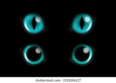 Vector 3d Realistic Blue Round Glowing Cats Eyes Of A Black Cat Set. Cat Look In The Dark Black Background Closeup. Glowing Cat Or Panther Eyes