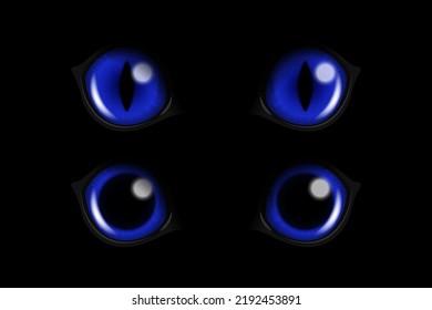 Vector 3d Realistic Blue Round Glowing Cats Eyes Of A Black Cat Set. Cat Look In The Dark Black Background Closeup. Glowing Cat Or Panther Eyes