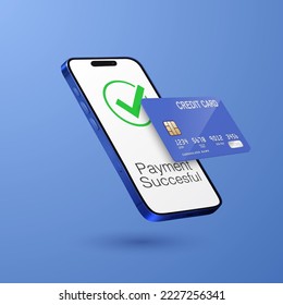 Vector 3d Smartphone azul realista, tarjeta de crédito, Wi-Fi pago con éxito. Concepto de pago por compras por tarjeta, compras en línea. Plantilla de diseño, Terminal POS de banco, Mockup. Procesando NFC