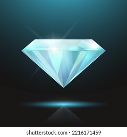 Vector 3d Realistic Blue Transparent Triangle Glowing Gemstone, Diamond, Crystal, Rhinestone Closeup on Black Background. Jewerly Concept. Design Template, Banner