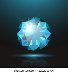 Vector 3d Gemstone realista azul transparente redondo brillante, diamante, cristal, Rhinestone Closeup sobre fondo negro. Concepto jovial. Plantilla de diseño, cartel