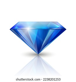 Vector 3d Gemstone triangular transparente azul realista, diamante, cristal, rhinestone se cierra sobre fondo blanco con reflexión. Concepto jovial. Plantilla de diseño, cartel