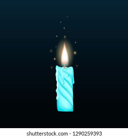 Vector 3d realistic blue wax candle, candle burn isolated dark background. Wax, fire, celebration, candlelight dinner, Christmas candle, religious attribute.