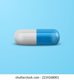 Vector 3d Realistic Blue and White Pharmaceutical Medical Pill, Capsule, Tablet on Blue Background. Front View. Copy Space. Medicine, Male Health Concept