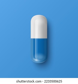 Vector 3d Realistic Blue and White Pharmaceutical Medical Pill, Capsule, Tablet on Blue Background. Front View. Copy Space. Medicine, Male Health Concept