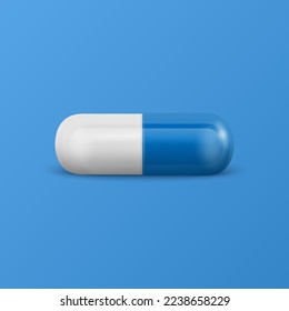 Vector 3d Píldora médica farmacológica realista azul y blanca, cápsula, tableta de fondo azul. Vista frontal. Copiar espacio. Medicina, concepto de salud masculina