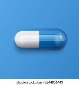 Vector 3d Realistic Blue and White Pharmaceutical Medical Pill, Capsule, Tablet on Blue Background. Front View. Copy Space. Medicine, Male Health Concept