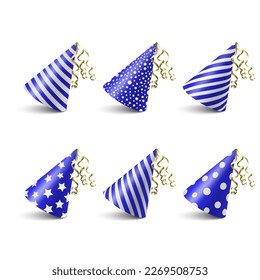 Vector 3d Realistic Blue und White Birthday Party Hut Icon Set einzeln auf weißem Hintergrund. Party Cap Design Vorlage für Party Banner, Grußkarte. Weihnachtsmäntel, Kegelform, Draufsicht