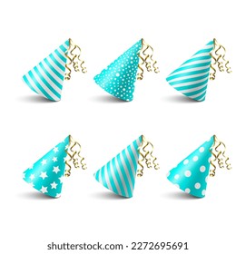 Vector 3d Realistic Blue and White Birthday Party Hat Icon Set Isolated on White Background. Party Cap Design Template for Party Banner, Greeting Card. Holiday Hats, Cone Shape, Front View