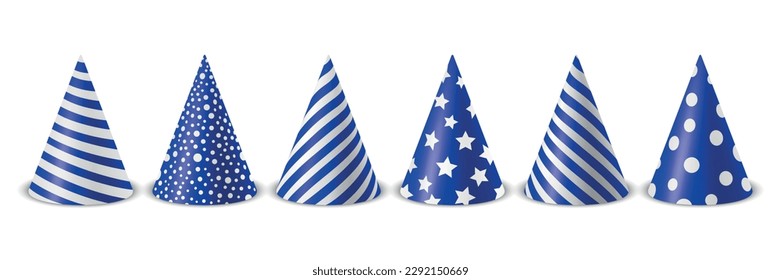 Vector 3d Realistic Blue and White Birthday Party Hat Icon Set Isolated on White Background. Party Cap Design Template for Party Banner, Greeting Card. Holiday Hats, Cone Shape, Front View