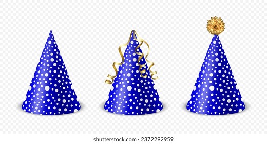 Vector 3d Realistic Blue and White Birthday Party Hat Icon Set Isolated on White Background. Party Cap Design Template for Party Banner, Greeting Card. Holiday Hats, Cone Shape, Front View