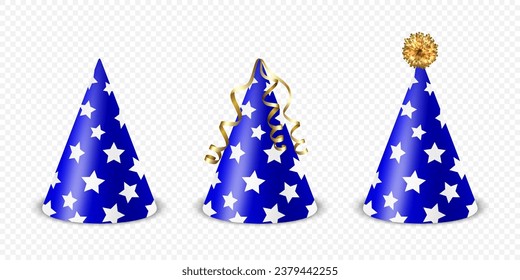 Vector 3d Realistic Blue and White Birthday Party Hat Icon Set Isolated on White Background. Party Cap Design Template for Party Banner, Greeting Card. Holiday Hats, Cone Shape, Front View