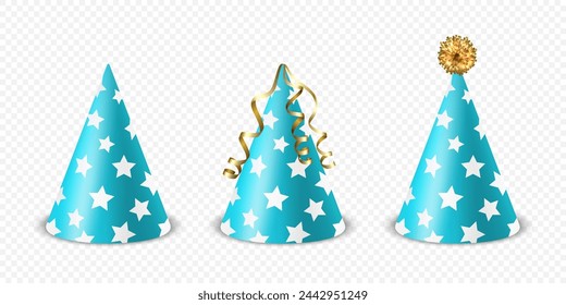 Vector 3d Realistic Blue and White Birthday Party Hat Icon Set Isolated. Party Cap Design Template for Party Banner, Greeting Card. Holiday Hats, Cone Shape, Front View
