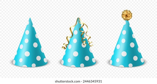 Vector 3d Realista Azul y Blanco Sombrero de Fiesta de Cumpleaños Conjunto Aislado. Plantilla de diseño de gorra de fiesta para Anuncio de fiesta, tarjeta de felicitación. Sombreros de Festiva, forma de cono, vista frontal