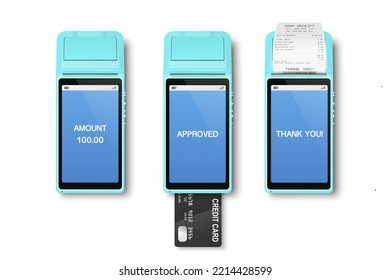 Vector 3d Realistic Blue Wi-Fi Payment Machine, Credit Card, Receipt. POS Terminal Isolated. Design Template, Bank Payment Terminal, Mockup. Processing NFC Payments Device. Top View