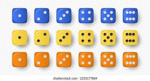 Vector 3d Realistic Blue, Yellow and Orange Game Dice Icon Set Closeup Isolated on White Background. Game Cubes for Gambling, Casino Dices From One to Six Dots, Round Edges