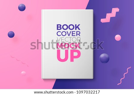 Vector 3d realistic book cover abstract scene with text, violet, pink and white balls and objects.