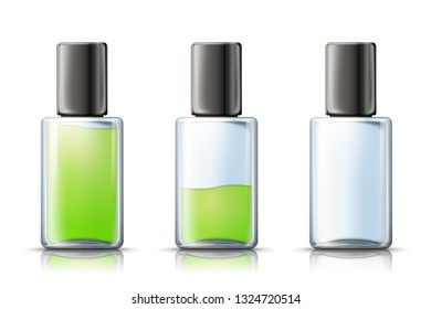 Vector 3d realistic bottle with liquid inside, isolated on white background. Mock-up for product package branding.