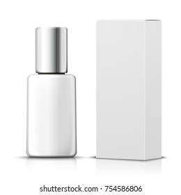 Vector 3d realistic bottle with paper box. Mock-up for product package branding.