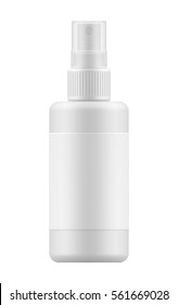 Vector 3d realistic bottle with sprayer. Mock-up white plastic packaging for medical spray. Blank template of container for liquid. Packaging of aerosol isolated on background.