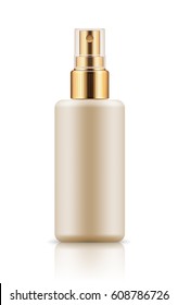 Vector 3d realistic bottle with sprayer. Mock-up white plastic packaging for cosmetics spray. Blank template of container for liquid. Packaging of aerosol isolated on background.